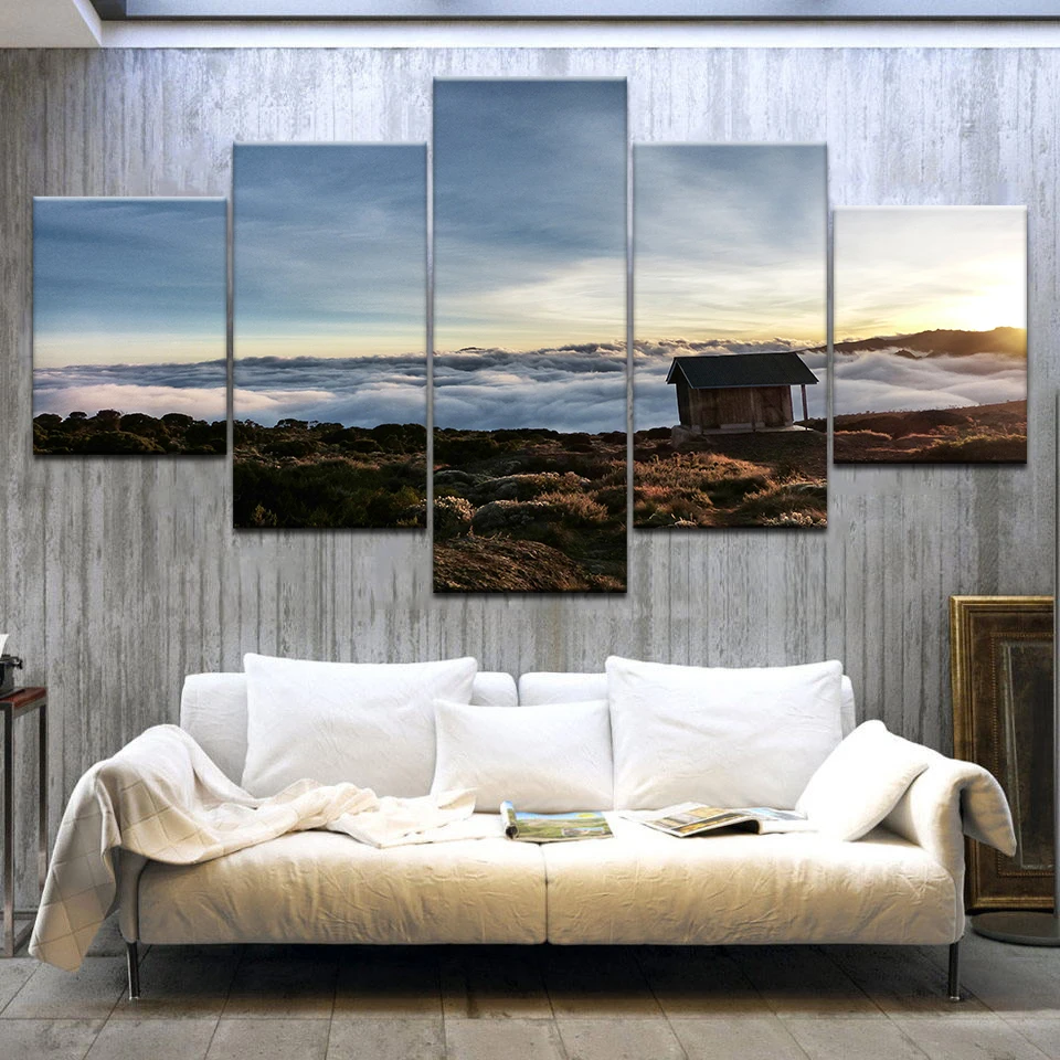 5 Panel HD Print The cabin is on the top of hill Landscape wall posters Canvas Art Painting For home living room decoration | Дом и сад