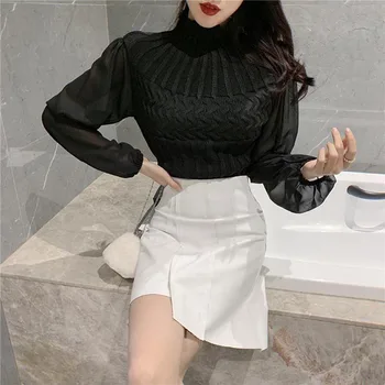 

Women Knit Stitching Blouse Female Pullover Shirts Women Fashion Blouse Top