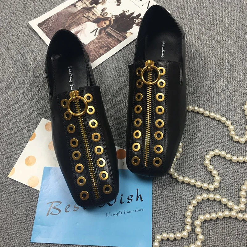Marca Para Ocio Black Zip Calzado Punk Diseñador Zapatos Frente Femenino Rivet De Las Pisos Mules Toe Flats Cuadrado Cuero brown Mujeres Genuino xHq0ggB