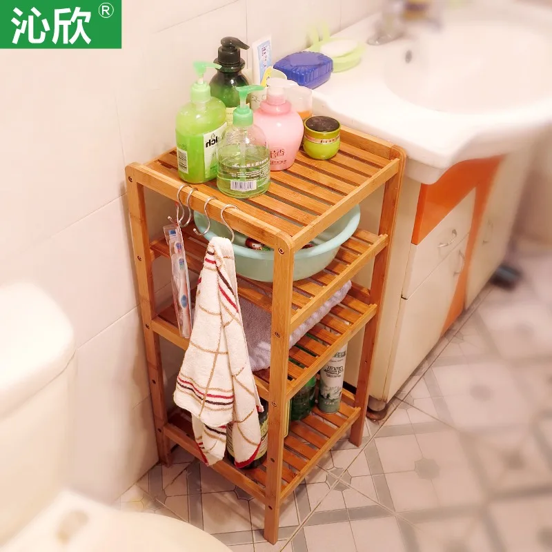 Cheap bamboo bathroom shelf bathroom corner multilayer wood clapboard face Penjia small shelf floor rack