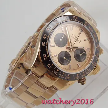 

39mm parnis Rose Golden Dial 316L Solid rose golden plated case ceramic bezel full Chronograph Quartz movement men's Watch