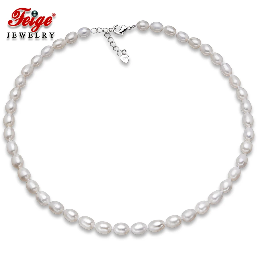 

Genuine Freshwater Pearl Necklace 6-7mm Rice Shape White Freshwater Pearl Choker Necklaces For Women's Fine Jewelry By FEIGE