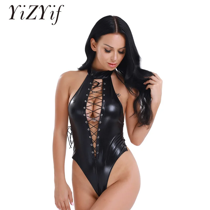 

YiZYiF Pole Dance Costumes Bodysuit Sexy Women Shiny Wetlook Halter Lace up PVC Leather Romper Bodysuit Leotard Clubwear Costume