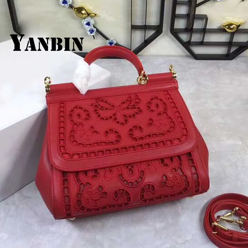 

New Hot Luxury Fashion Black Carving Hollowed Pattern Women's Handbag Cowhide Multicolored Retro Fashion Handbags Shoulder Bags