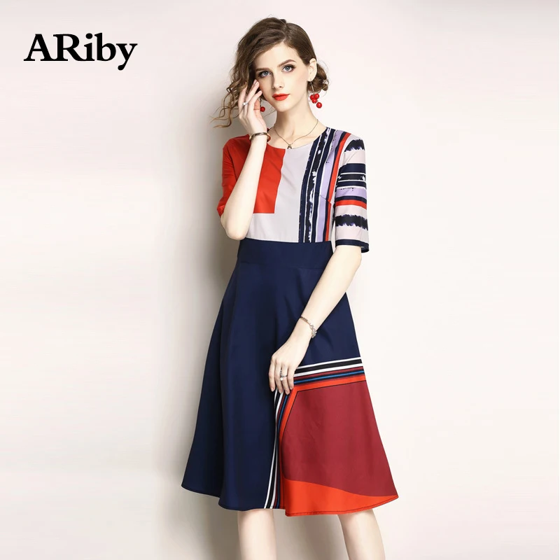 Women Party Dress 2019 New Fashion Office Lady Slim Temperament Elegant Dress Printed Patchwork A-Line O-Collar Dress Plus Size
