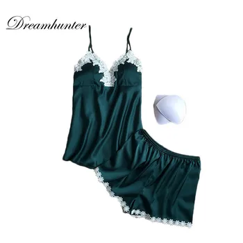 

women's padded sleepwear set lace floral pajamas set for young girls sexy silk satin shorts sets home wear drop shipping