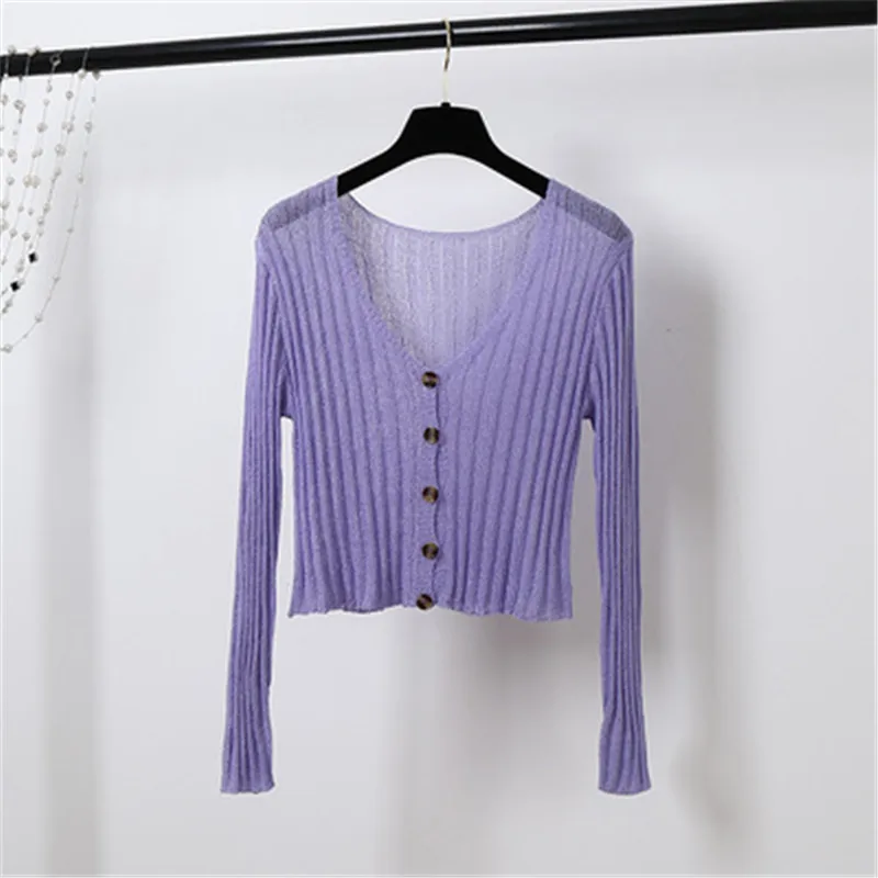 Дамский короткий кардиган, v-образный вырез, длинный рукав, хлопок, Укороченный кардиган, свитера, тонкое пальто, feminino, осенняя вязаная одежда для женщин PZ1561 - Цвет: Фиолетовый