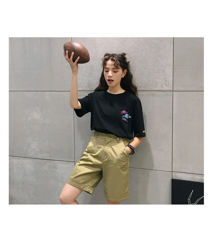 2018 Halajuku Cotton Planet Printed Letter Embroidered Loose Causal Short Sleeve Female T-shirts