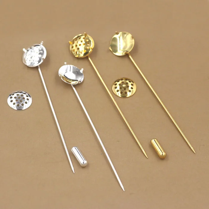 Brooch Lapel Pin with Stopper 12mm Circle Prong Bezel Cabochon Blank