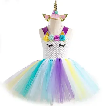 

Girl Unicorn Party Tutu Dress Girl Kids Flower Birthday Party Tulle Dress for Children Purim Christmas Halloween Costume Vestido
