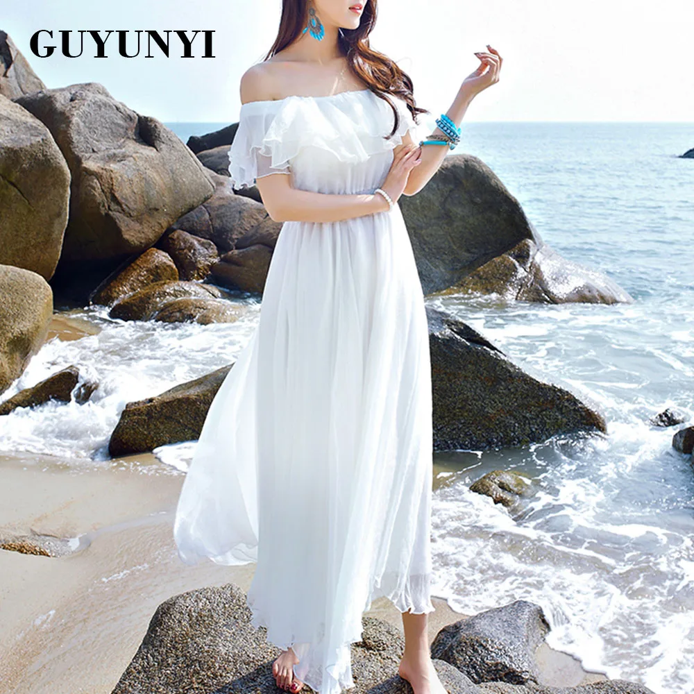 GUYUNYI бохо стиль длинное платье для женщин с открытыми плечами пляжные летние платья без бретелек шифон белое Макси Платье vestidos de festa CX585
