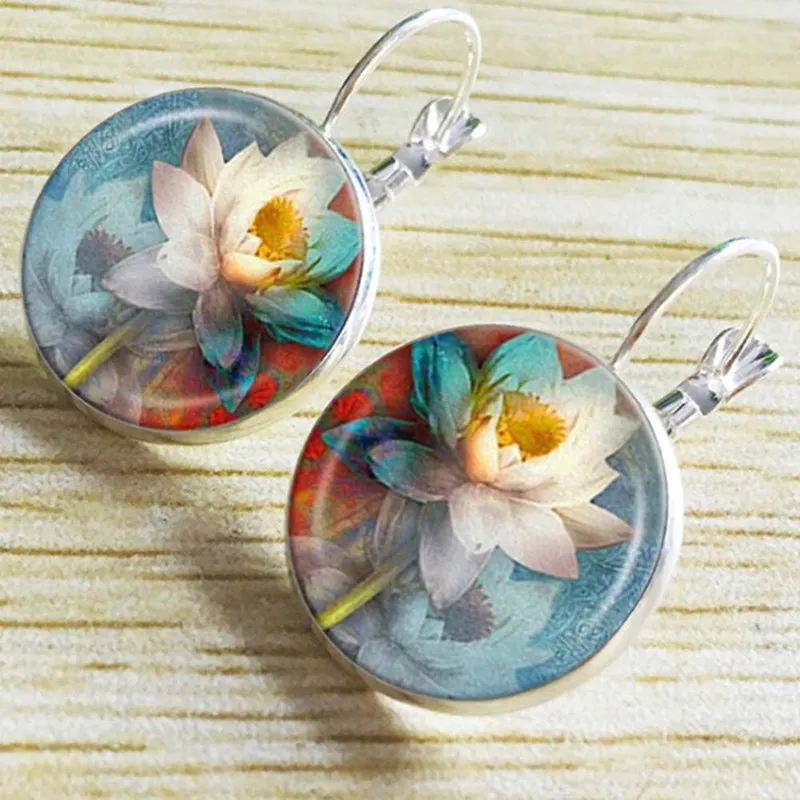 

2018 New Lotus mandala fashion earrings jewelry vintage yoga glass cabochon symbol Buddhism femme