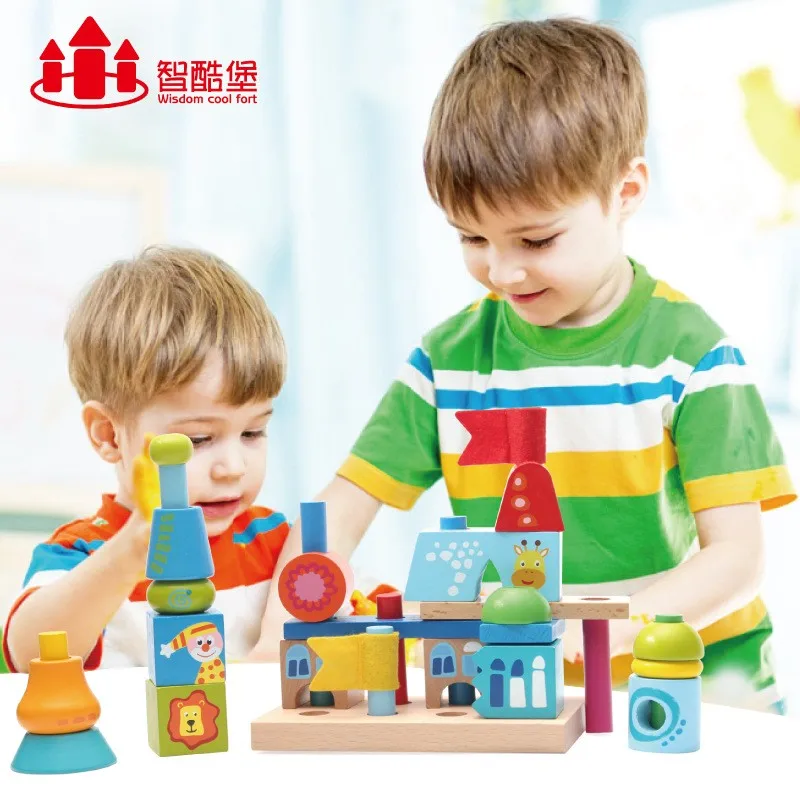 

New Kids'Wooden Puzzling Teach Rainbow Building Block Babies Desktop Assembly to Build Color Cognitive Building Block Toys