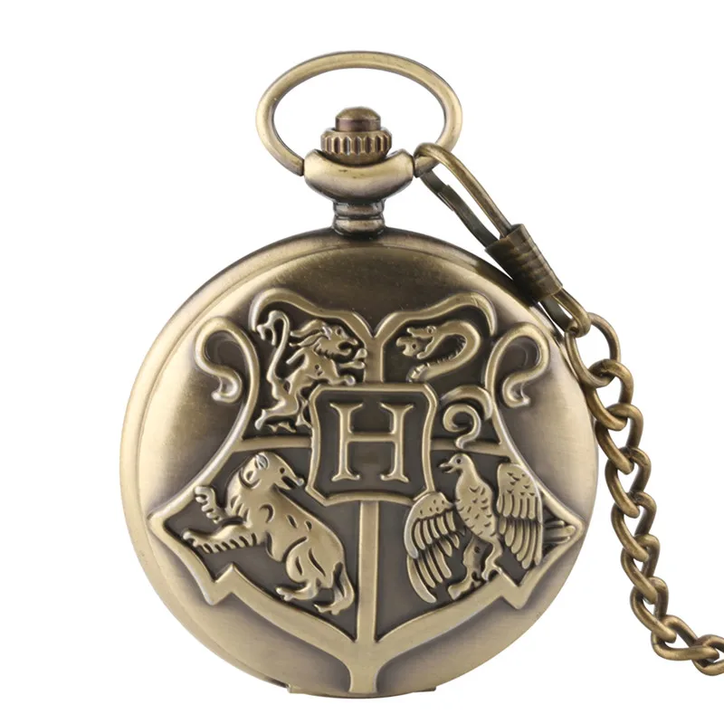 

Vintage Bronze Pocket Watch Harry Potter Theme Quartz Fob Watch Slytherin Hogwarts Snack Necklace Chain Clock Pandent