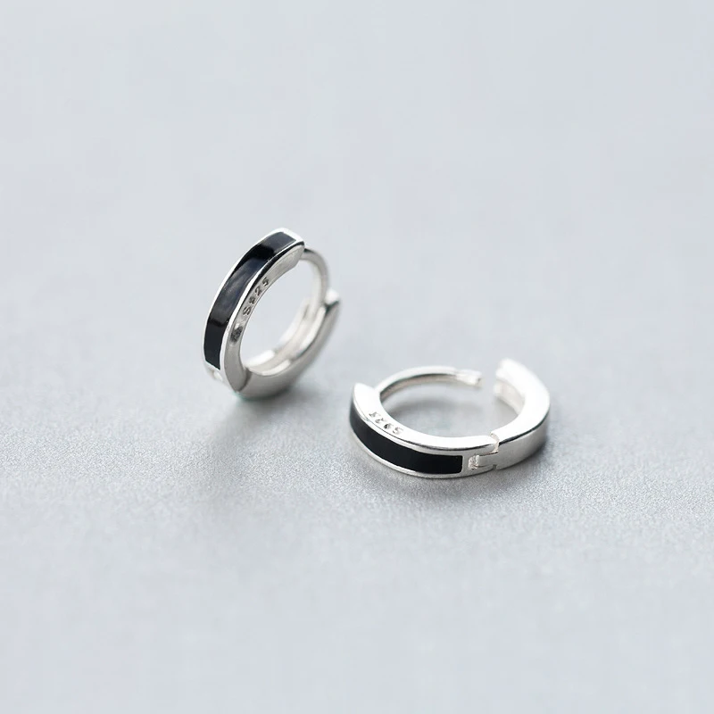 MloveAcc реальные 925 пробы серебристый, Черный Эмаль OL Стиль серьги для Для женщин модные круглые серьги-гвоздики серьги серебряные украшения