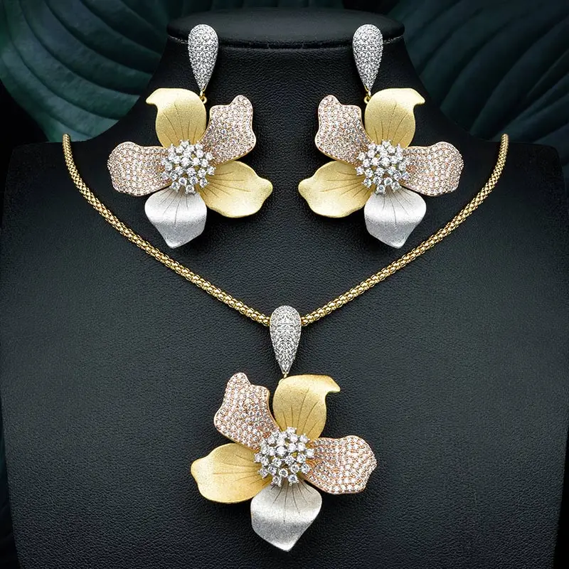 ModemAngel 3 Tone Copper Luxury Delicate Flower for Women Pendant Necklace And Earring Wedding Party Jewelry Sets | Украшения и