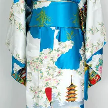 Голубой японский Для женщин шелковый атлас кимоно юката вечернее платье хаори кимоно с Оби пери один размер H0016