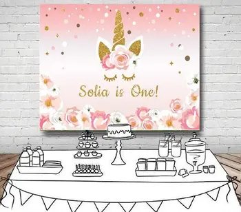 

Custom pink flower Gold star Coins Unicorn Baby Shower Backgrounds High quality Computer printed wall backdrop