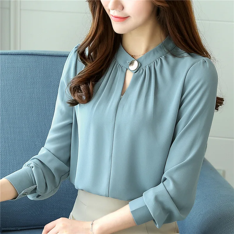 

2019 Spring New Arrival Pleated Stand Collar Shirt Women With Buttons Decorated Loose Long Sleeve Chiffon Blouse Free Shipping