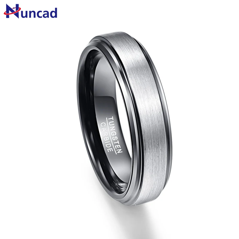 

Nuncad 6mm Men's Black Polished Matte Brushed Finish Center Tungsten Carbide Wedding Band Rings Beveled Edges