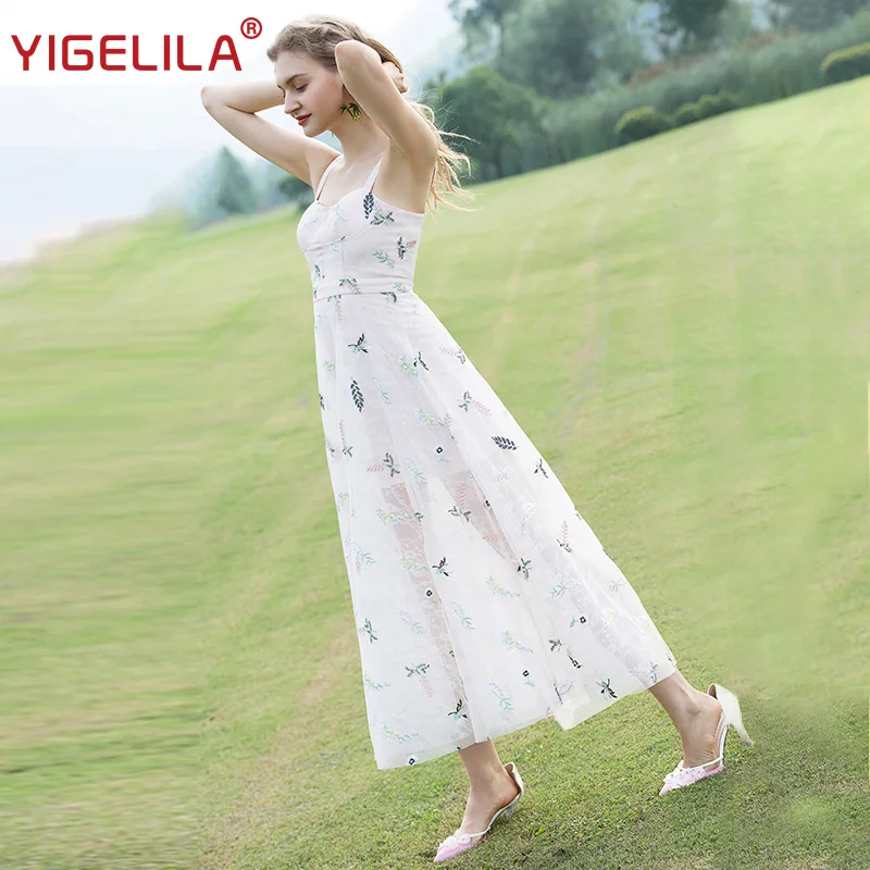 

YIGELILA Fashion Women Spaghetti Strap Long Dress Summer V-neck Backless Empire Slim Ankle Length Mesh Embroidery Dress 63998