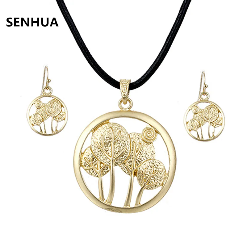 

New Silver/Gold Tree Jewelry Sets Party Gifts Wholesale Plant Dangle Earrings Leather Necklace Sets For Women Girls Jewelry YZ74