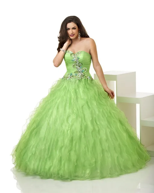 Lime Green Quinceanera Dresses Crystal Beading Organza Beading
