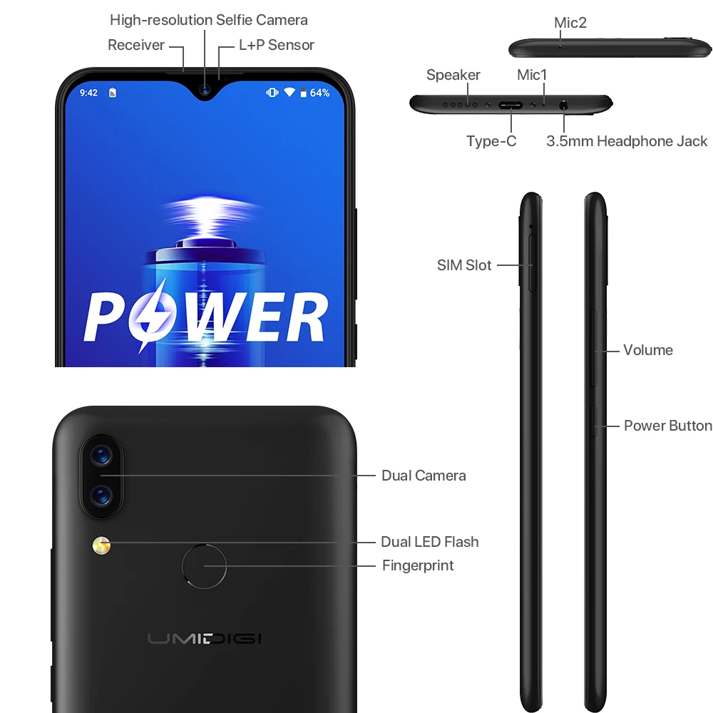 UMIDIGI Power Android 9,0 5150 мАч большая батарея 18 Вт 6,3 'FHD+ экран капли воды 4 Гб+ 64 Гб Helio P35 глобальная версия смартфона 16 МП