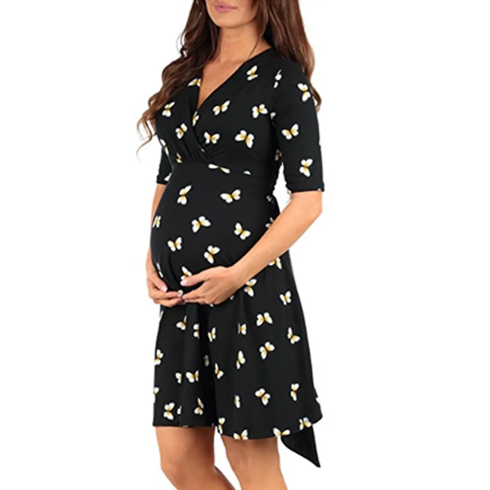 

Women's Pregnancy Dress Butterfly Print Dress Maternity Dresses Short Sleeve Sundress Clothing Hamile Elbise Ropa Embarazada