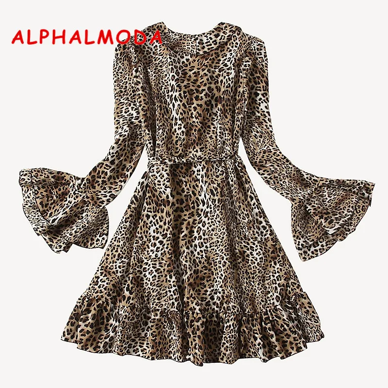 Женское платье с оборками ALPHALMODA леопардовым принтом длинными рукавами