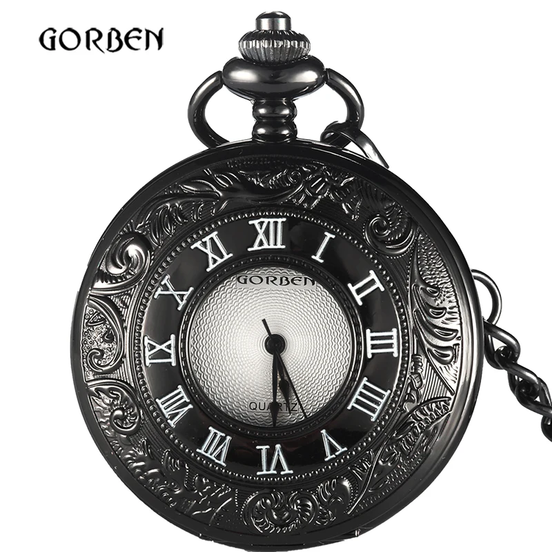 

2018 Unique Japan Black Bronze Retro pocket FOB watch Chain with Roman number Vintage Quartz Mens Watches Relogio De Bolso Clock