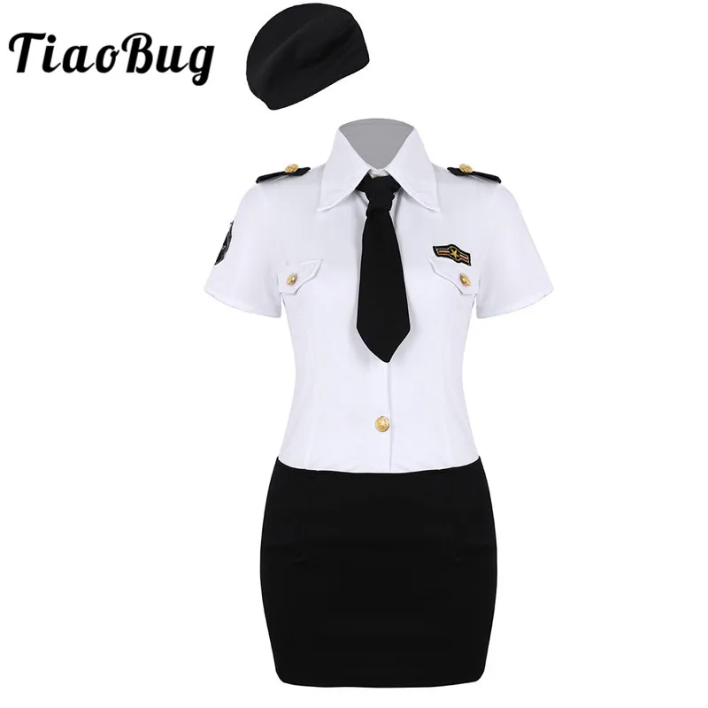 

TiaoBug Women Adults Police Officer Policewoman Uniform Turn-down Collar Shirt with Mini Bodycon Skirt Set Cosplay Sexy Costumes