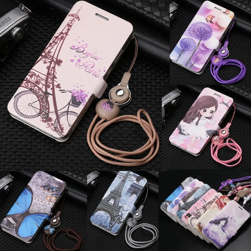 

Exclusive Lanyard Cover Painting Butterfly Flower Tower Flip Leather Case For Meizu M5s M3 M5 M6 Note U20 U10 Pro 7 Plus