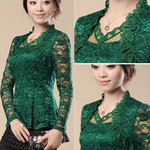  M-4XL New Fashion 2018 Spring Noble Women Hollow lace blouse shirt long-sleeve Lace shirt female Pl