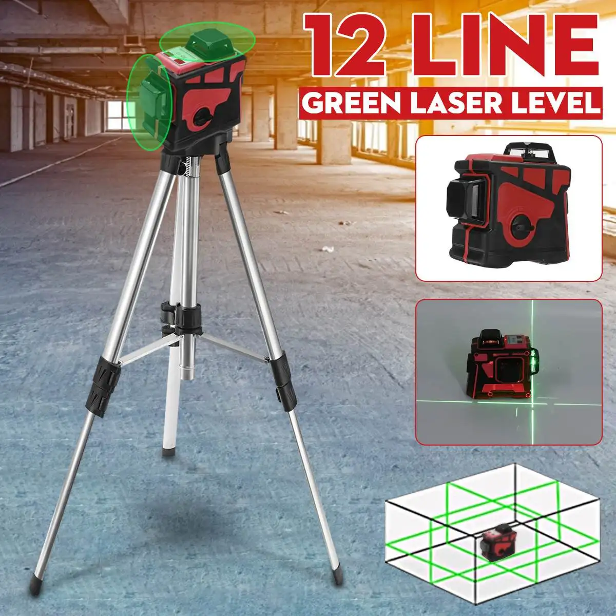 

3D Green Laser Level 12 Lines Self Leveling Cross Measure LCD Battery Wear-resisting Waterproof IP54 AC 100-240V Plug Charger
