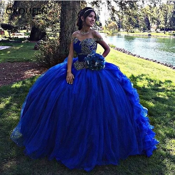 Ball Gown Royal Blue Quinceanera Dresses 2017 Ruffles Skirt Vestidos De 15 Anos Beaded Corset Off The Shoulder Sweet 16 Dress-