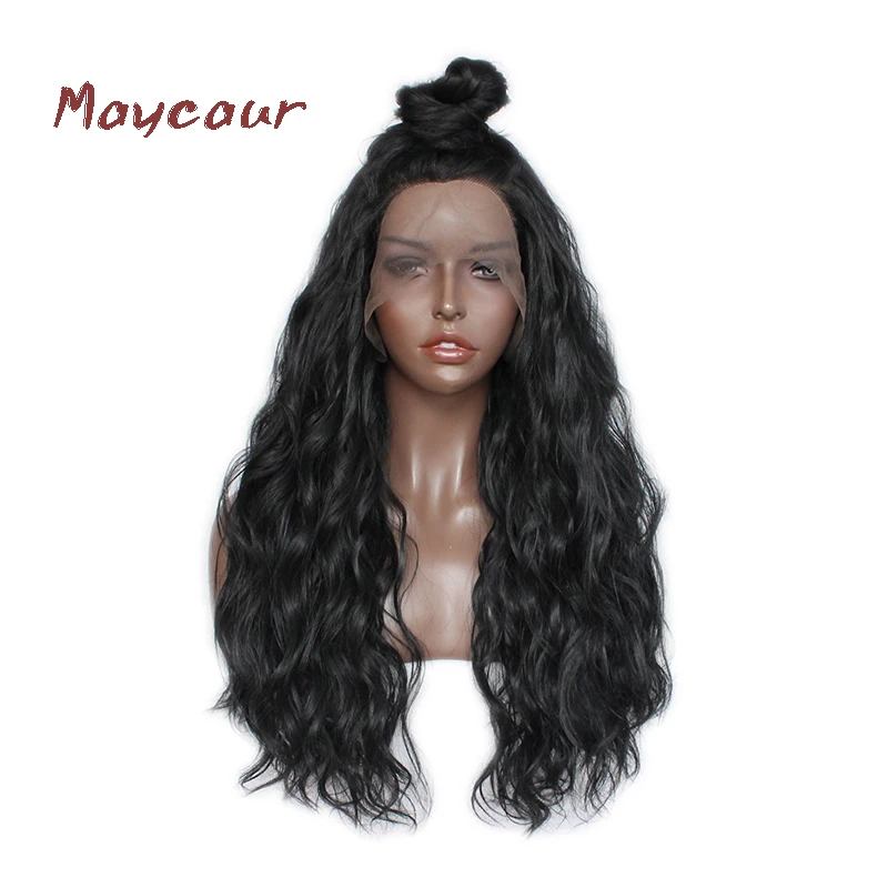 

Maycaur High Ponytail Long Hair Wig with Baby Hair Loose Wavy Synthetic Lace Front Wig Black Color