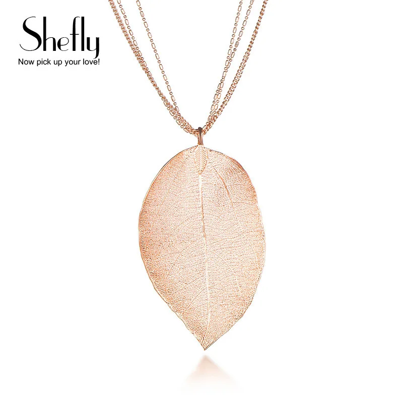 

Fashion Women Jewelry Natural Real Leaf Pendants Silver Rose Gold Color Necklaces 3 Layered Chain Long Necklace Gift for Women