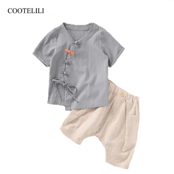 

COOTELILI Linen Boys Clothing Children Summer Boys Clothes Cartoon Kids Boy Clothing Set Short Sleeve T-shit+Pants 90-140cm
