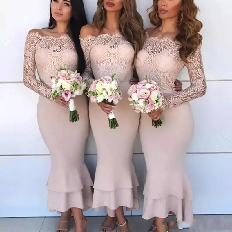 

vestido de festa longo Lace Long Sleeve Mermaid Wedding Guest party prom gown Maid of Honor Cheap Sexy Bridesmaid Dresses