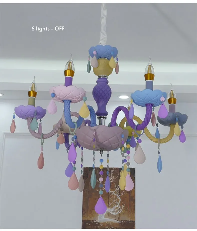 Personality colorful glass for children's room decoration chandelier macaron color crystal LED E14 lighting hanging chain adjust