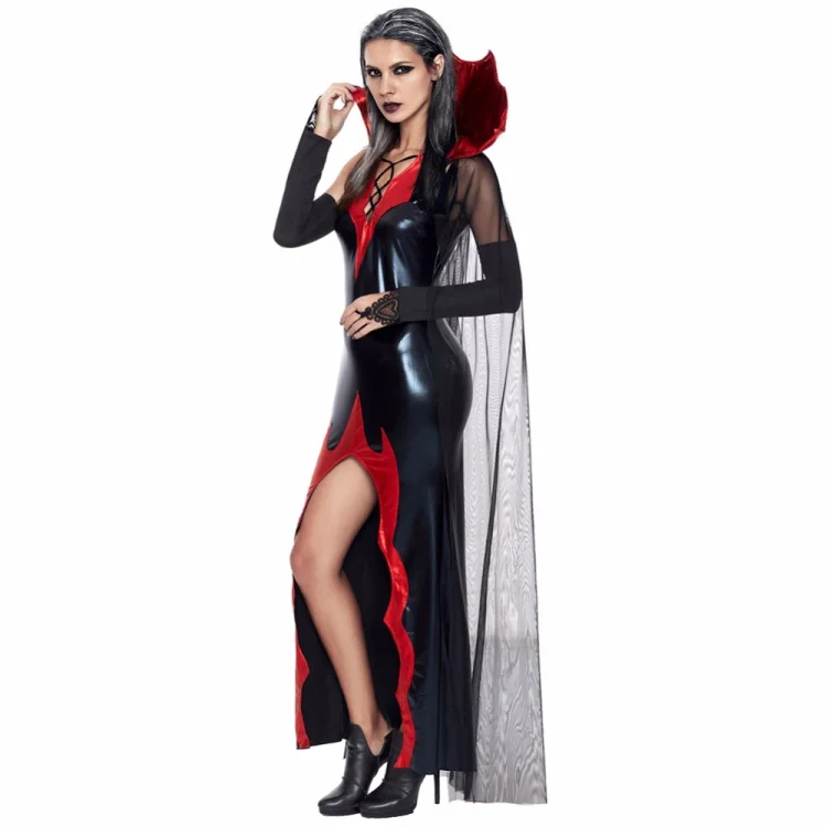 Umorden для рождественской вечеринки Пурим костюмы на Хэллоуин для взрослых женщин костюм вампира Косплей из искусственной кожи сексуальные длинные платья с высоким разрезом