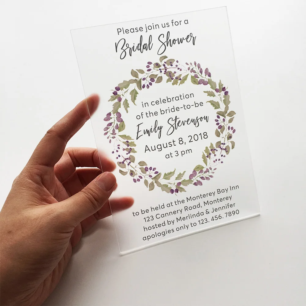  100pieces Per Lot Unique Floral Watercolor 5x7inch Frosted Acrylic Wedding Bridal Shower Invitation - 32867551696