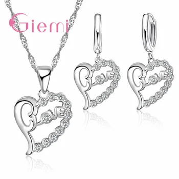 Dazzling High Quality Austrain Crystal Women Love Heart Necklace Earrings Jewelry Sets for Bridal Solid Silver Color Bijoux