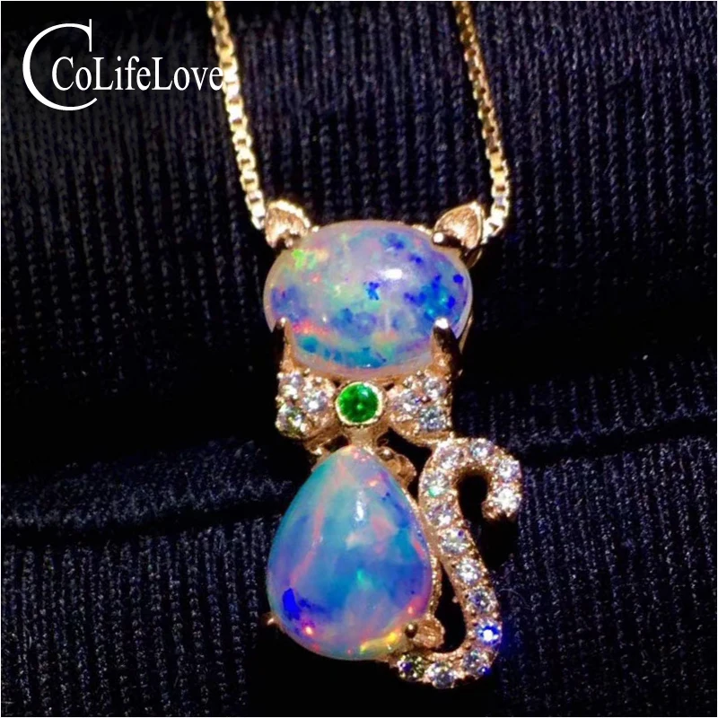 

Cute silver Kitty necklace pendant with opal 6 mm * 8 mm natural opal pendant rose gold color 925 silver opal jewelry