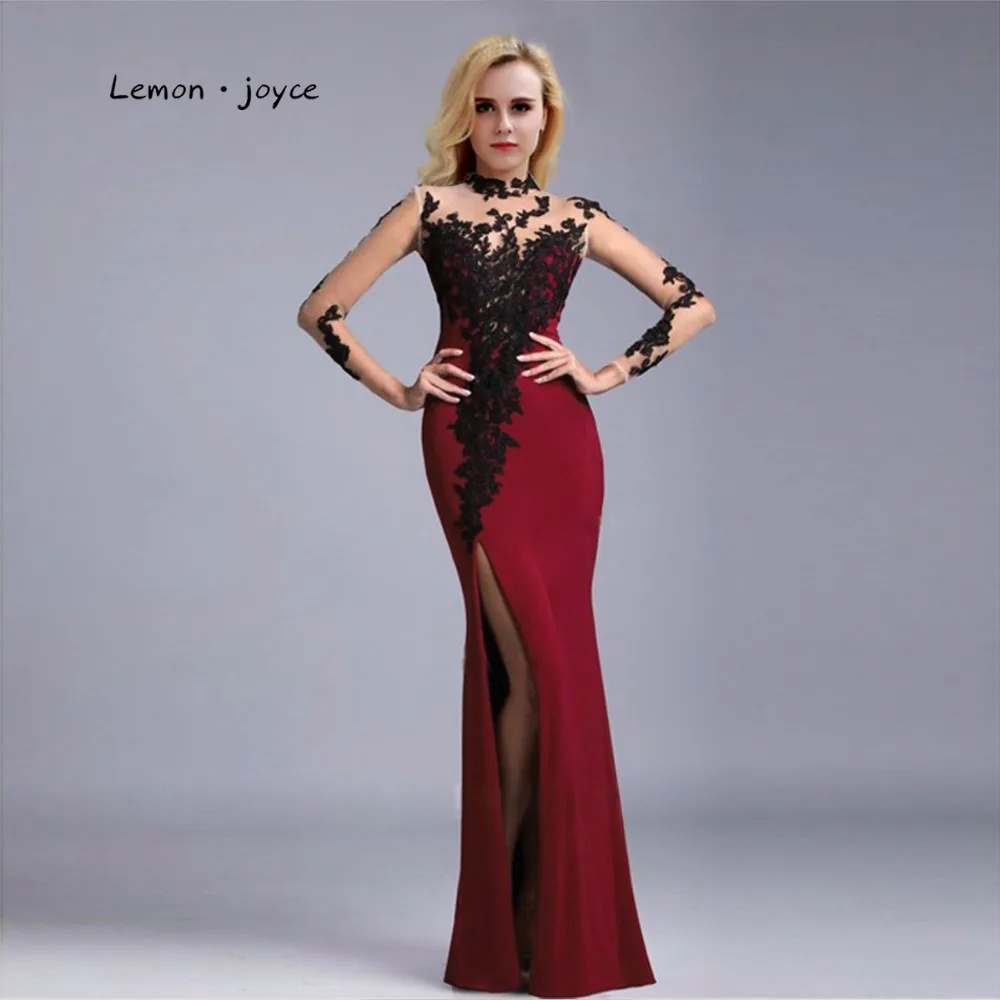 Wine Red Evening Dresses with Long Sleeves Appliques Sexy Illusion