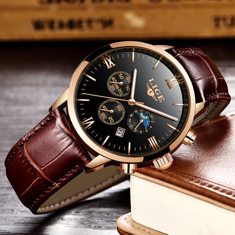 LIGE Mens Watches Top Brand Luxury Fashion Watch Men Leather Quartz Clock For Male Auto Date Rose Gold Shell relogio masculino