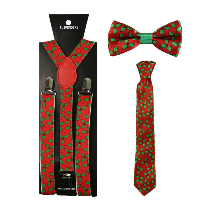 

Red Leaf Print Suspenders Necktie And Bowtie Set Clip-on Suspenders Bowtie Set Elastic Y-Shape Back Braces Suspenders Women Men