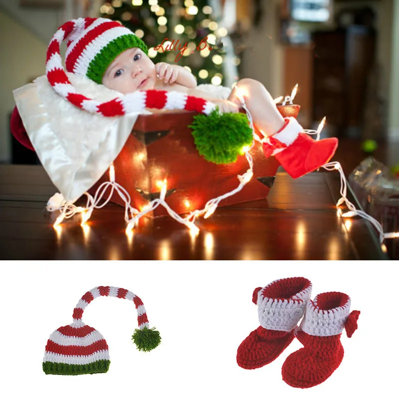 

2pcs Hat+shoes Handmade Baby Elf Santa Claus Long Braid Christmas Photography Prop Clothing Set Newborn Clothes Knitted Infant