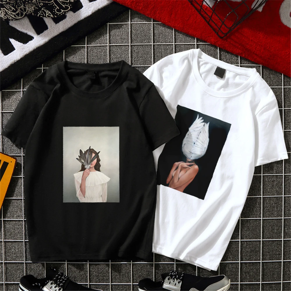 

Hot Sexy Girl Flowers Feather Harajuku Aesthetic T shirt Women Cotton 2019 Short Sleeve Gothic Tshirt Plus Size Tumblr Tops Tees